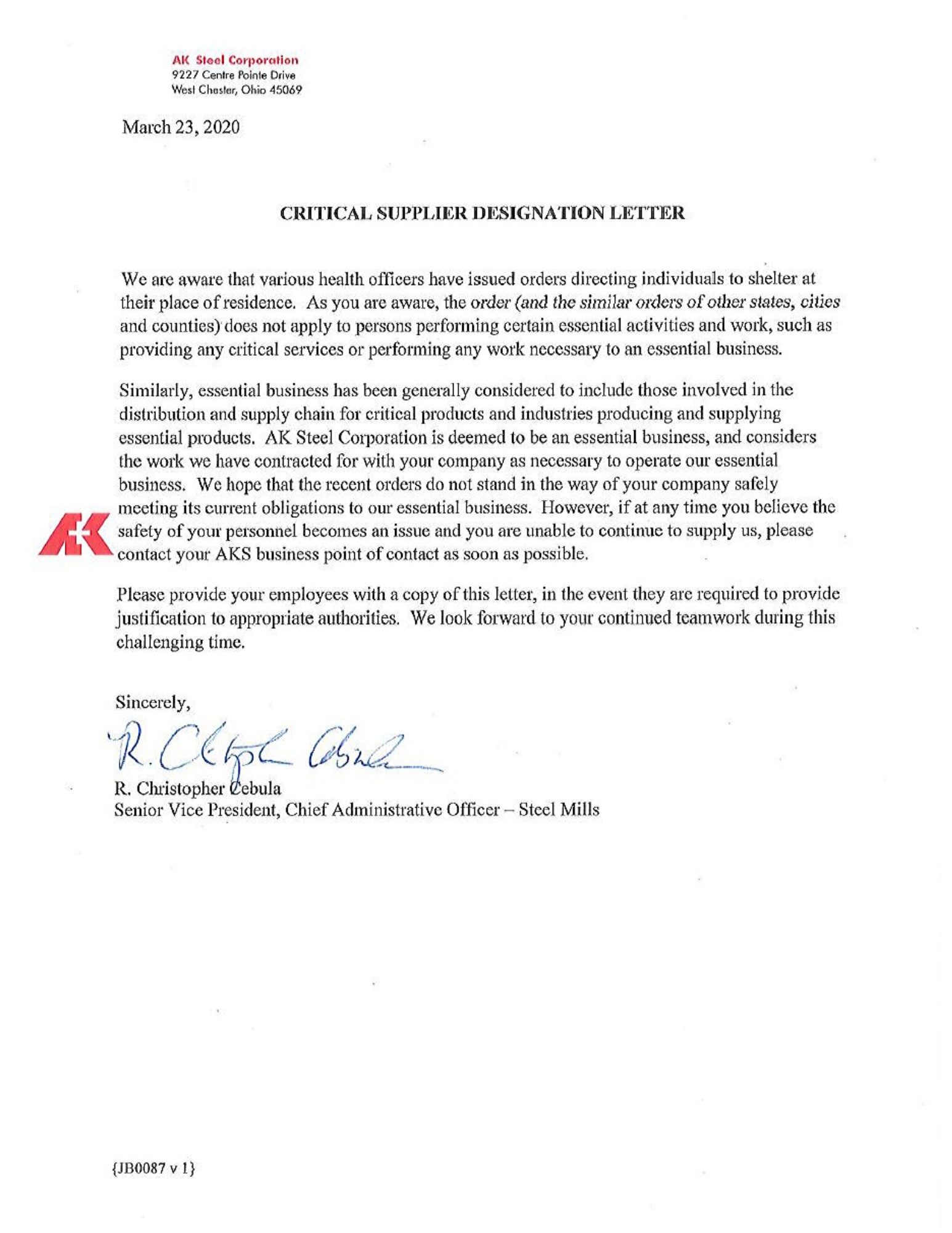 Thermal-Tec Critical Supplier Designation Letter Critical Supplier Designation Letter